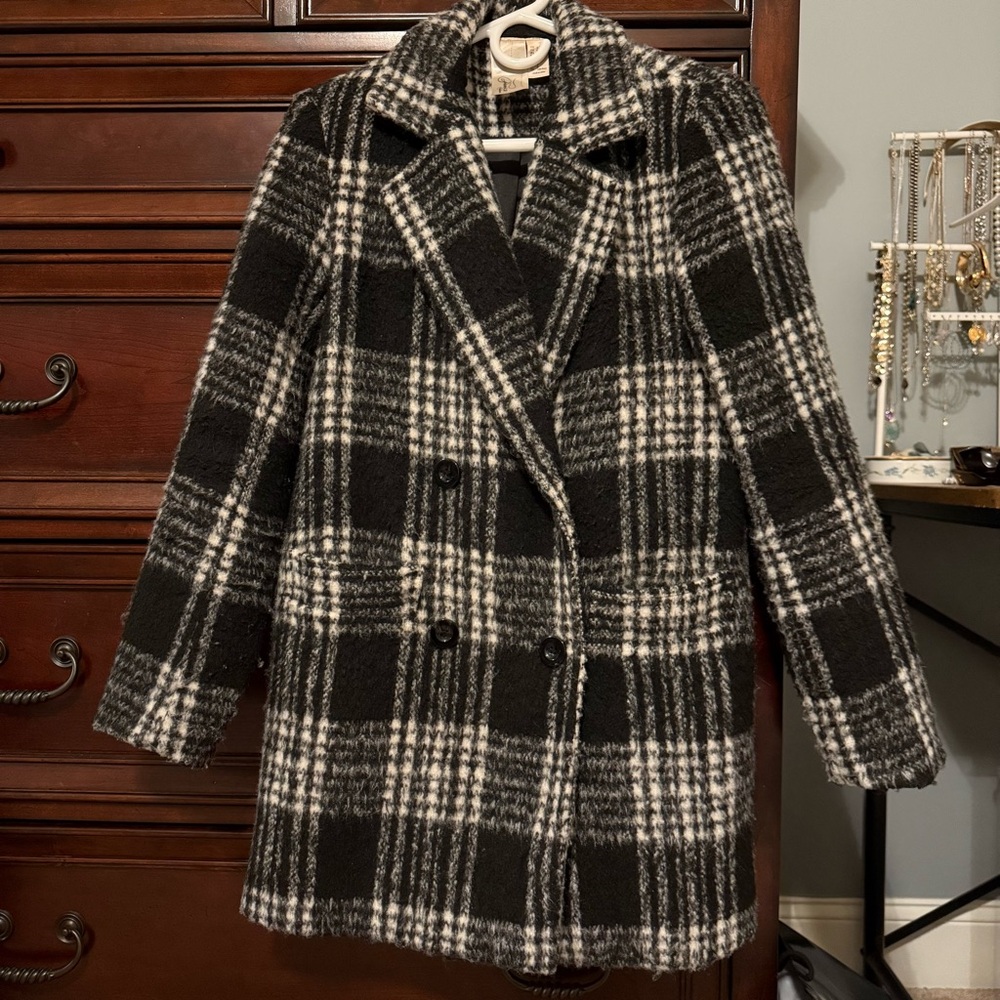 Black and White Plaid Double Breasted Coat